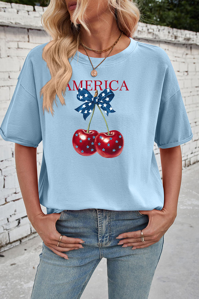 Patriotic Cherry Print Rayon Tee Oversized Casual Top