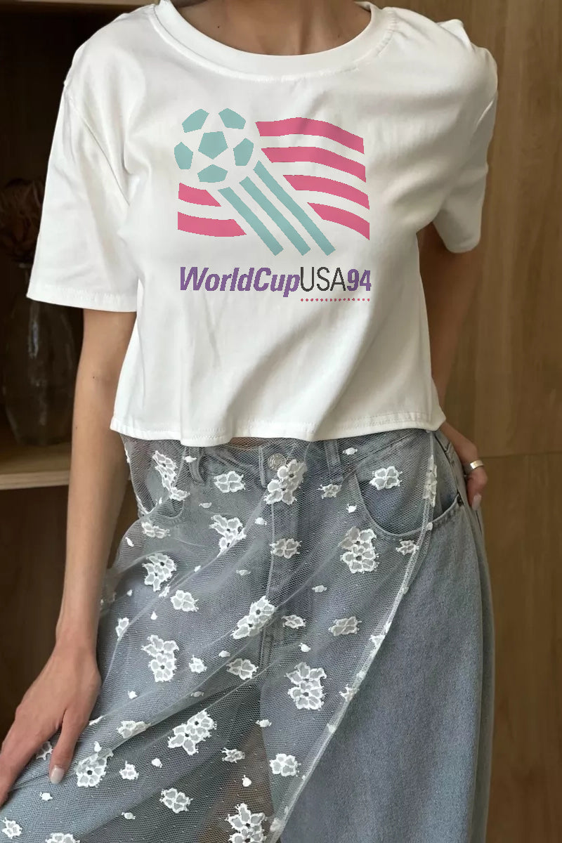 Vintage World Cup USA Graphic Crop Tee Casual Short Sleeve T Shirt