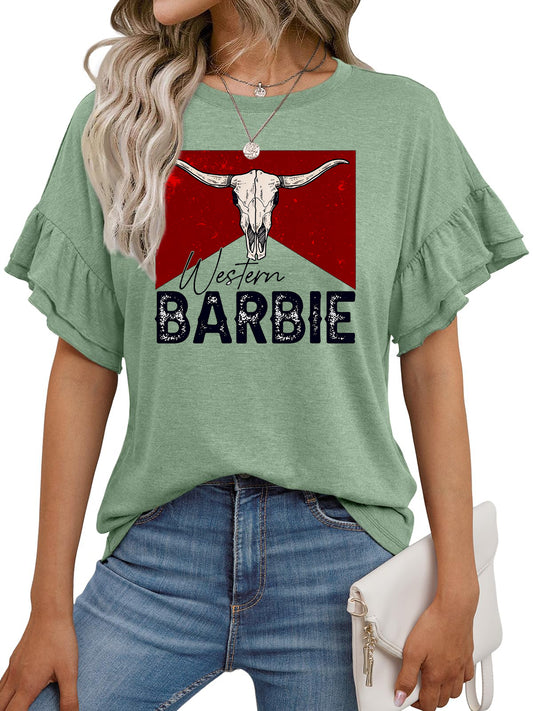 Western Cow Skull Graphic Ruffle Sleeve Tee Retro Cowgirl Top