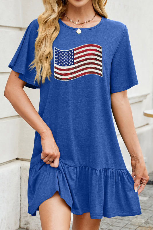 American Flag Graphic Ruffle Hem Mini Dress Fourth of July Casual Tee Dress