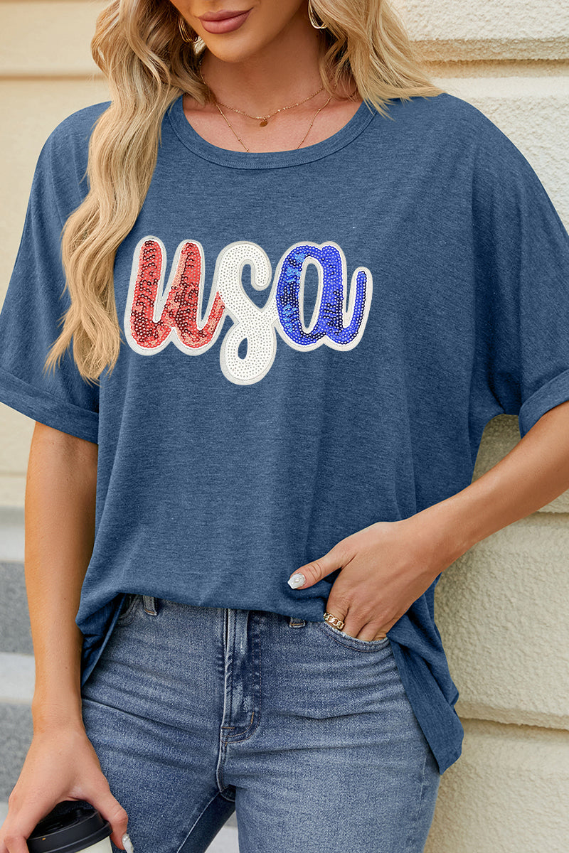 USA Sequin Graphic Tee Loose Fit Tunic Top
