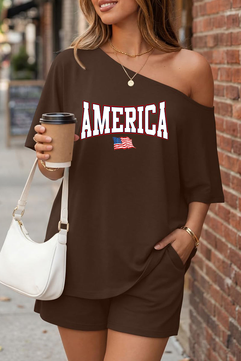 America Off Shoulder Short Sleeve Summer Top Set