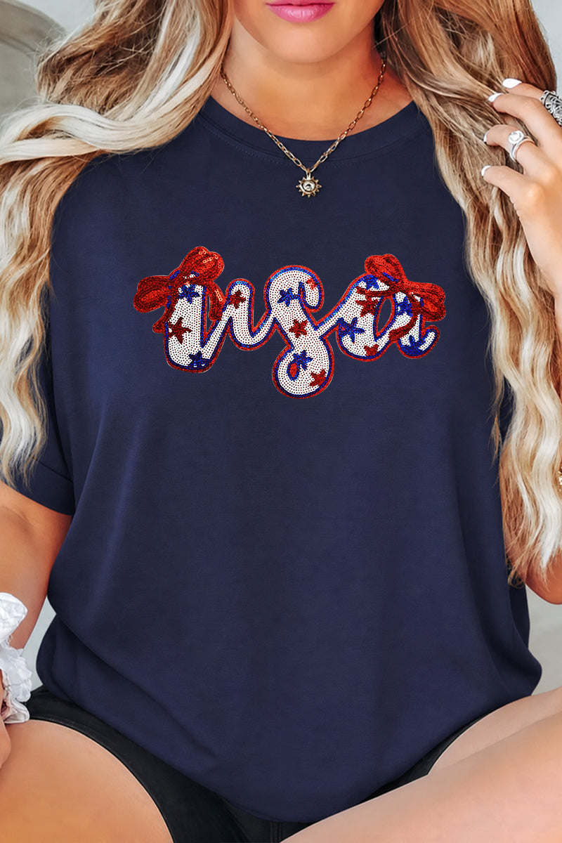 USA Bow Script Independence Day Patriotic Graphic Tee