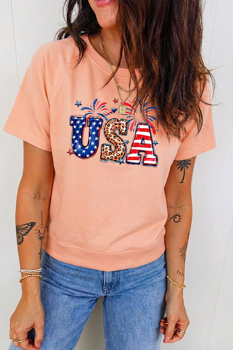 USA Letter Graphic Tee Women Patriotic Fourth of July Top