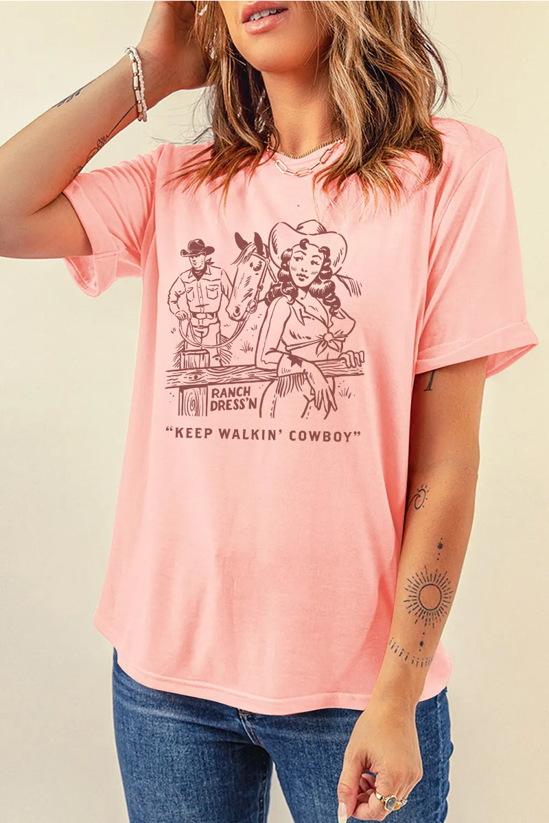 Vintage Western Cowboy Couple Graphic Tee Retro Cowgirl Top