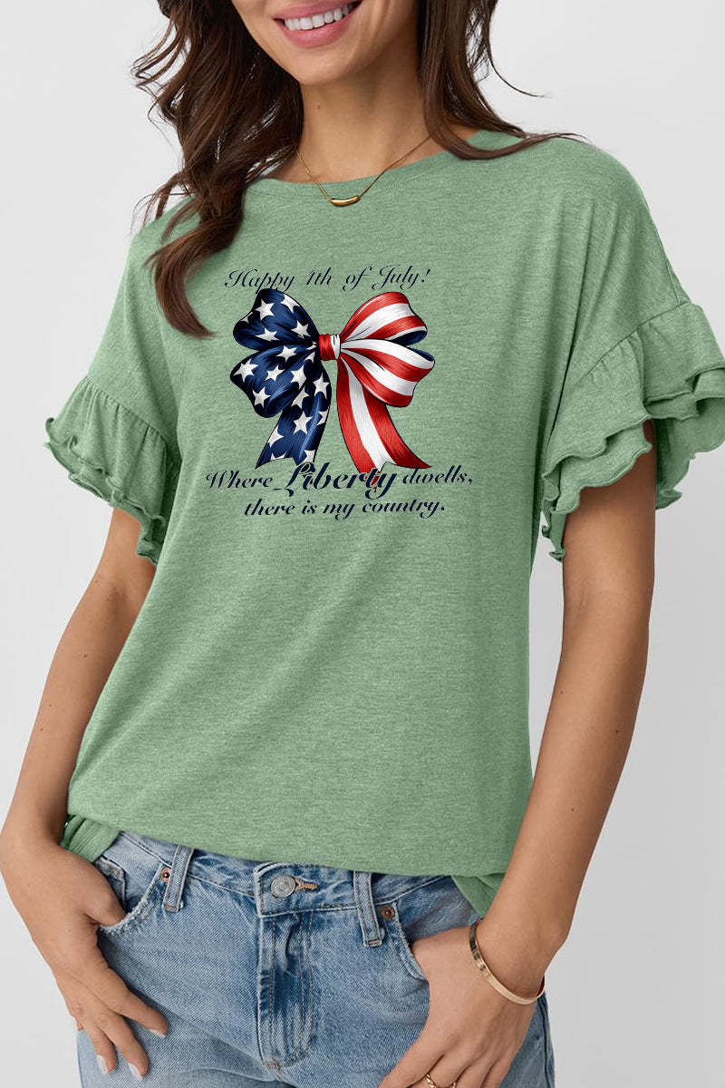 Patriotic Bow Graphic Tee Ruffle Sleeve Top