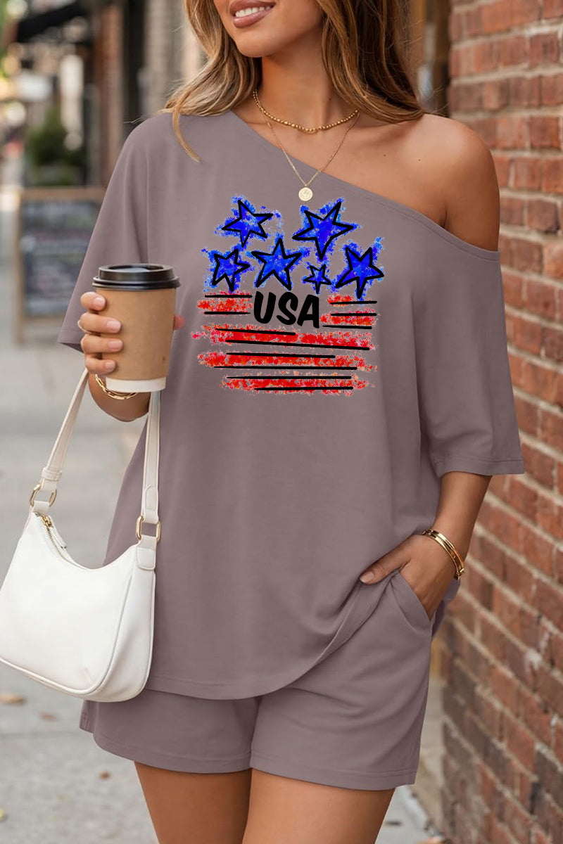 USA Flag Star Graphic Off Shoulder Shorts Set Women