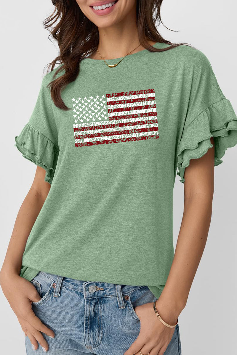 American Flag Graphic Tee Patriotic Ruffle Sleeve Top
