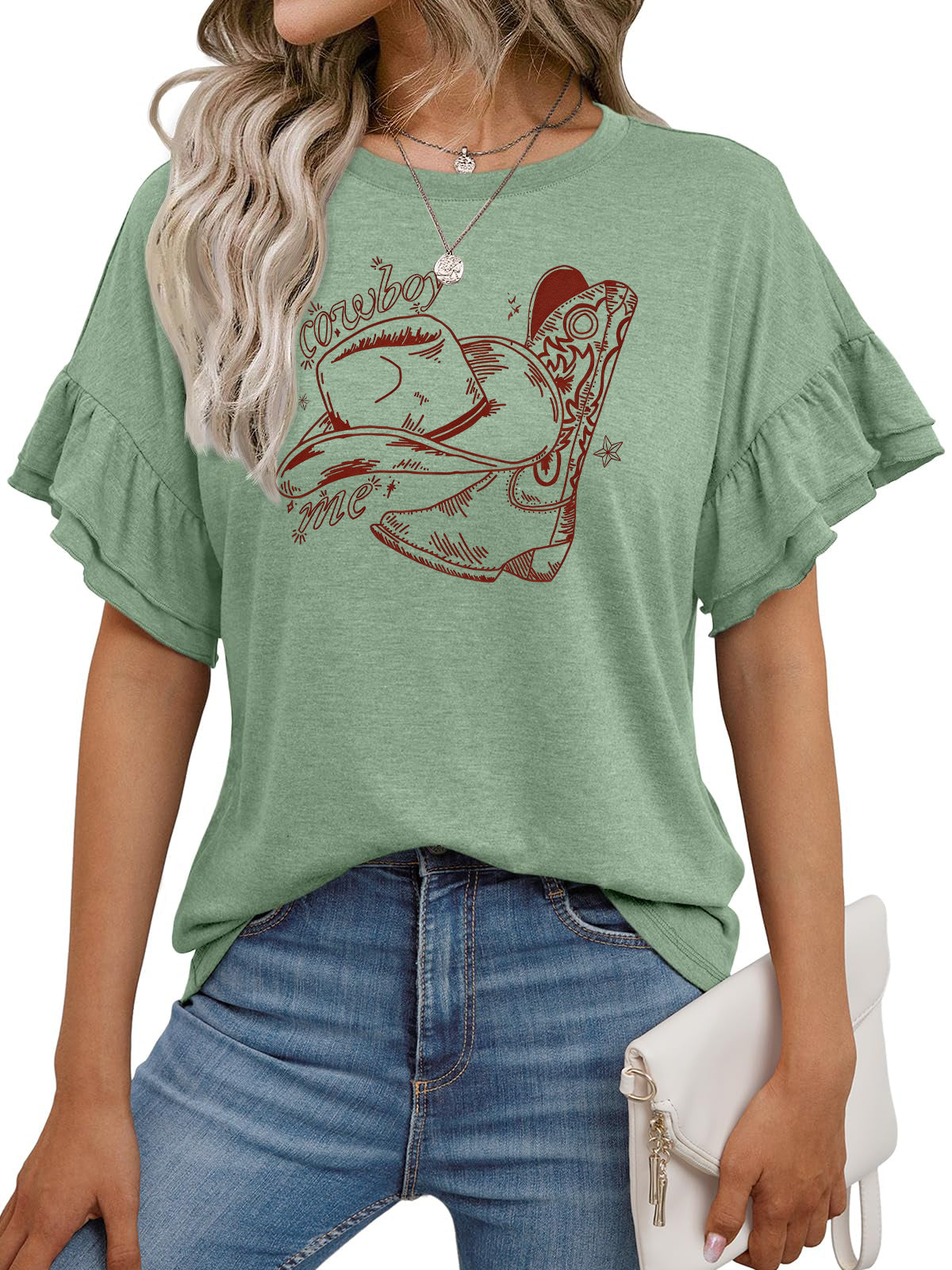 Western Graphic Ruffle Sleeve Casual Boutique Tee