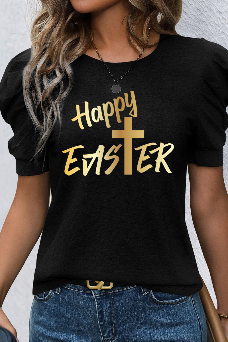 Easter Gold Foil Happy Easter Bubble Sleeve Graphic Tee