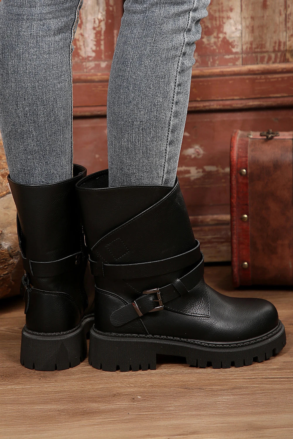 Black Faux Leather Overlap Buckle Strap Zip Detail Boots