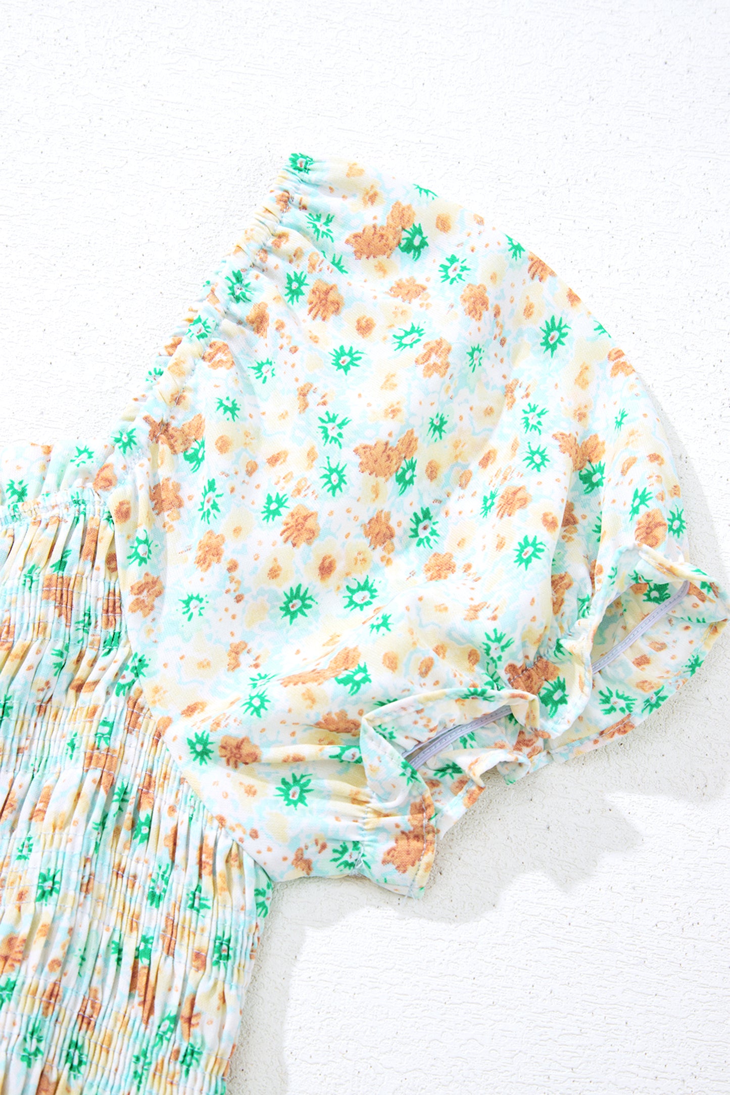 Green Floral Short Bubble Sleeve Shirred High Waist Maxi Dress
