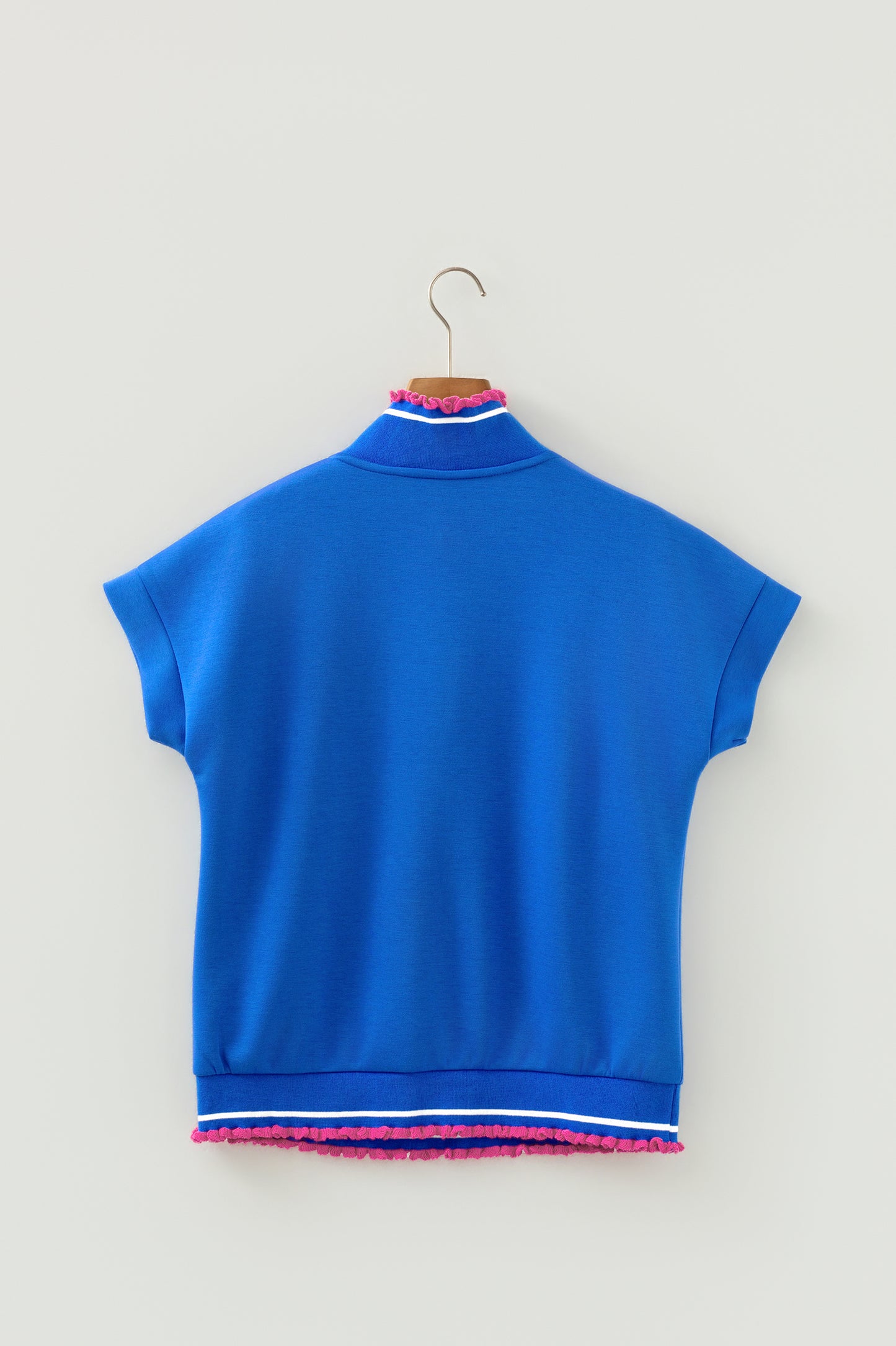 Sky Blue Contrast Frilled Trim Button Collared Short Sleeve Knit Top