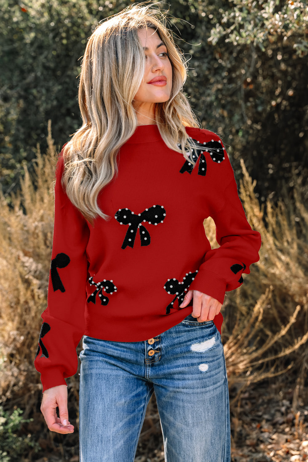 Pearl Embellished Bow Pattern Loose Sweater