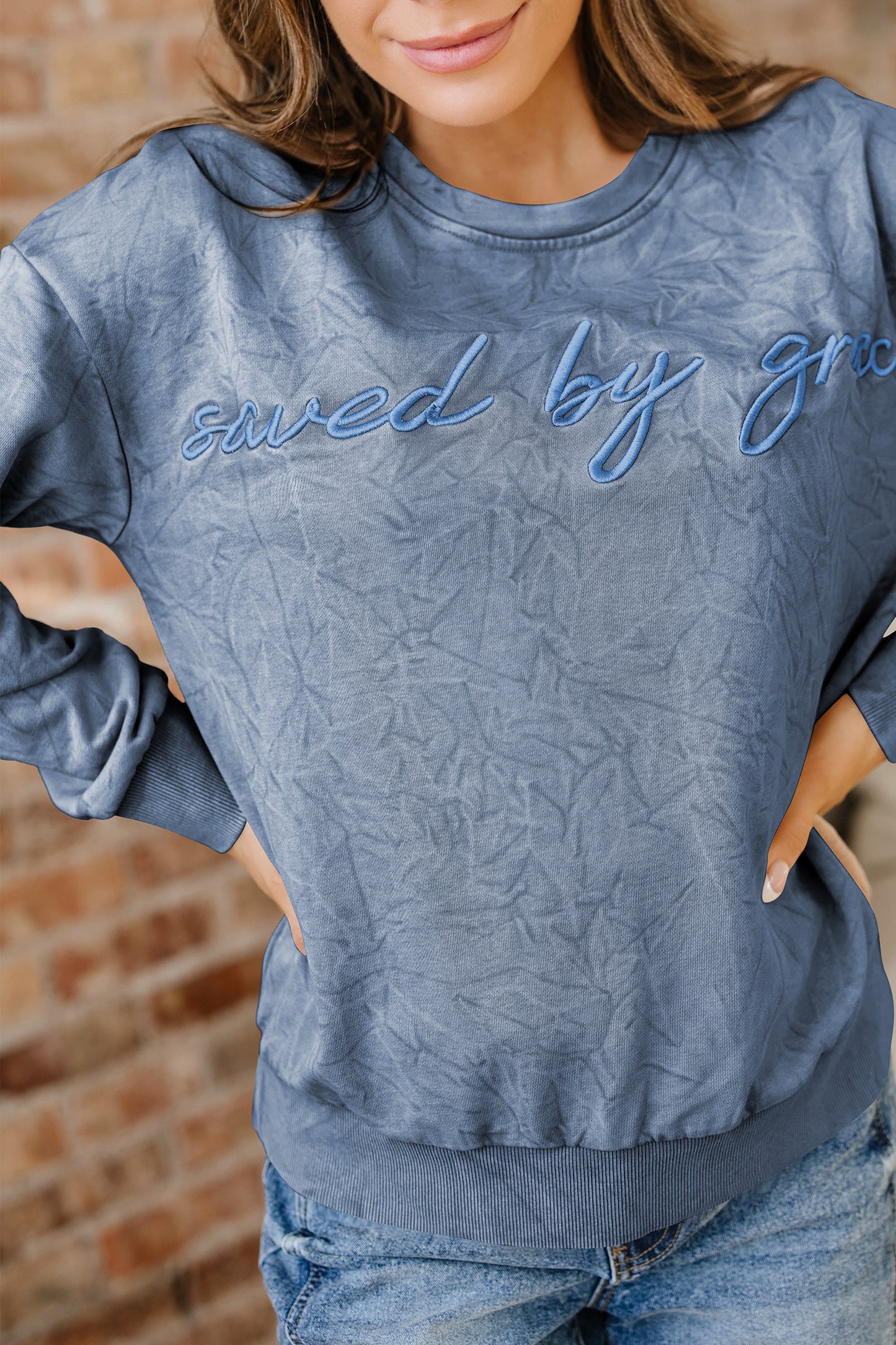 Saved by grace Letter Embroidery Mineral Wash Loose Sweatshirt