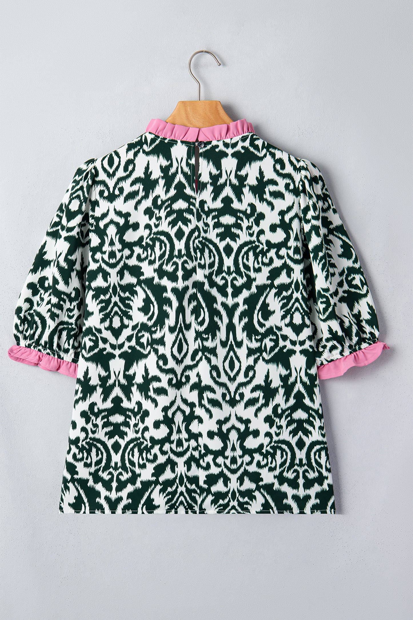 Black Damask Print Ruffled Color Block Detail Half Sleeve Blouse