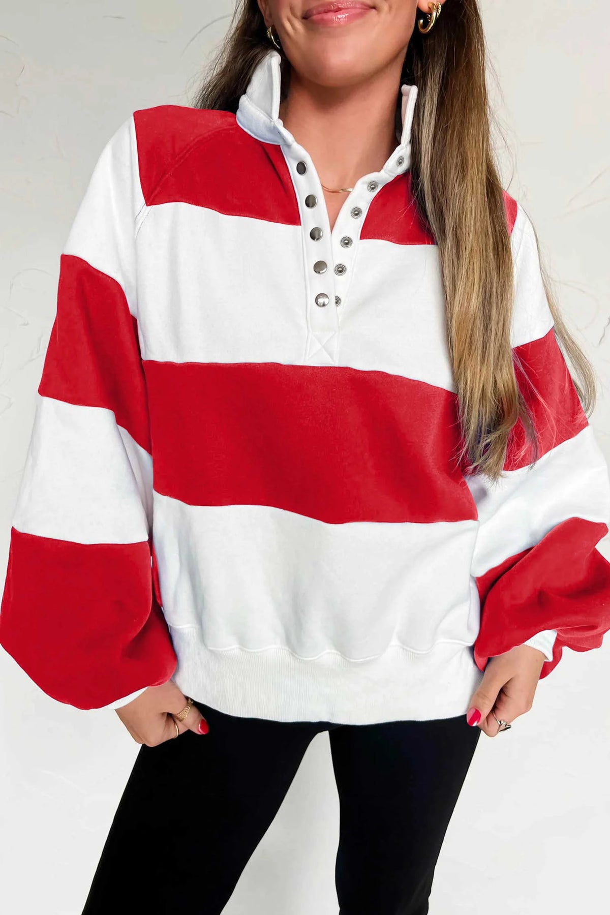 Dark Blue Striped Color Block Button V Neck Puff Sleeve Casual Sweatshirt