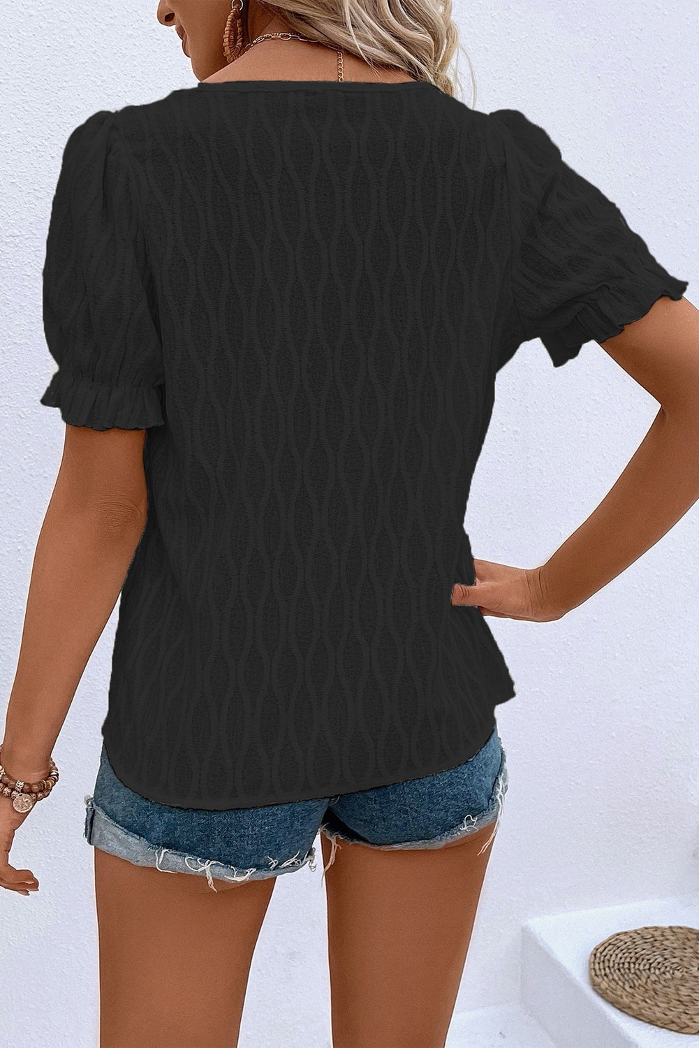 White Solid Color Textured Notched Neck Puff Sleeve Blouse