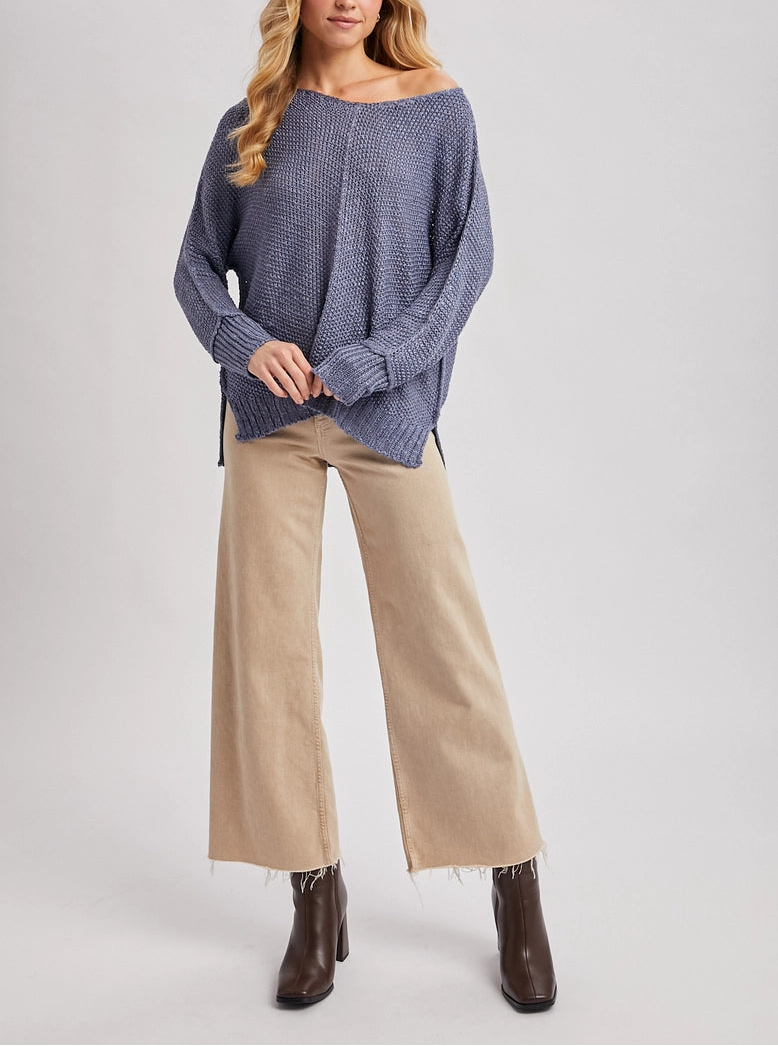 Textured V Neck Reverse Seam Relaxed Fit Knit Sweater
