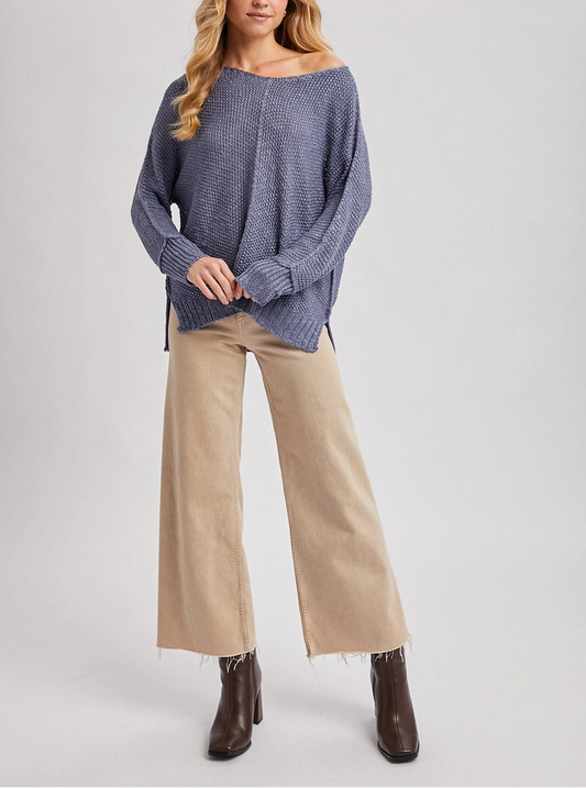 Textured V Neck Reverse Seam Relaxed Fit Knit Sweater