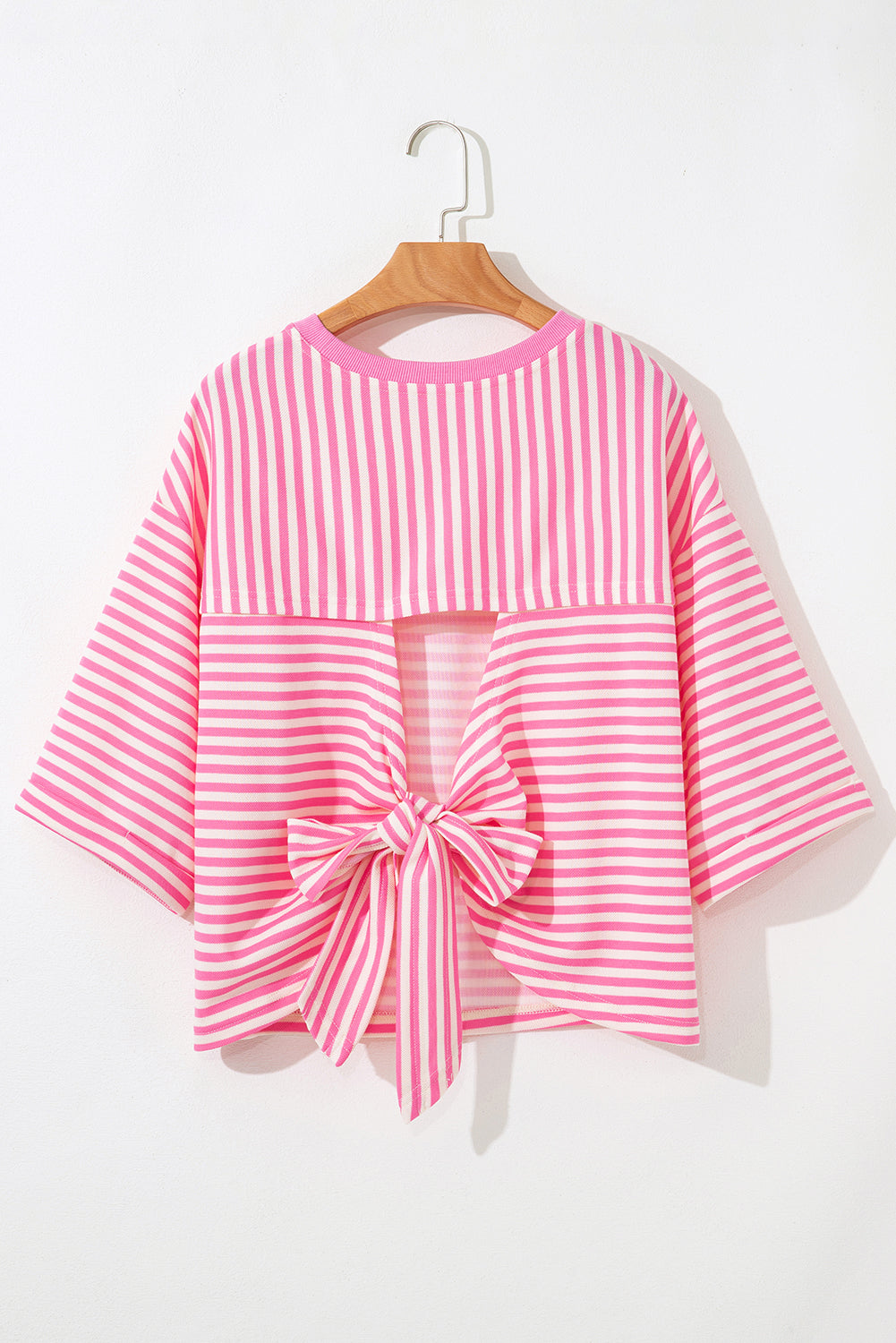 Red Stripe Bowknot Cutout Back Drop Shoulder Wide Bracelet Sleeve Loose Tee