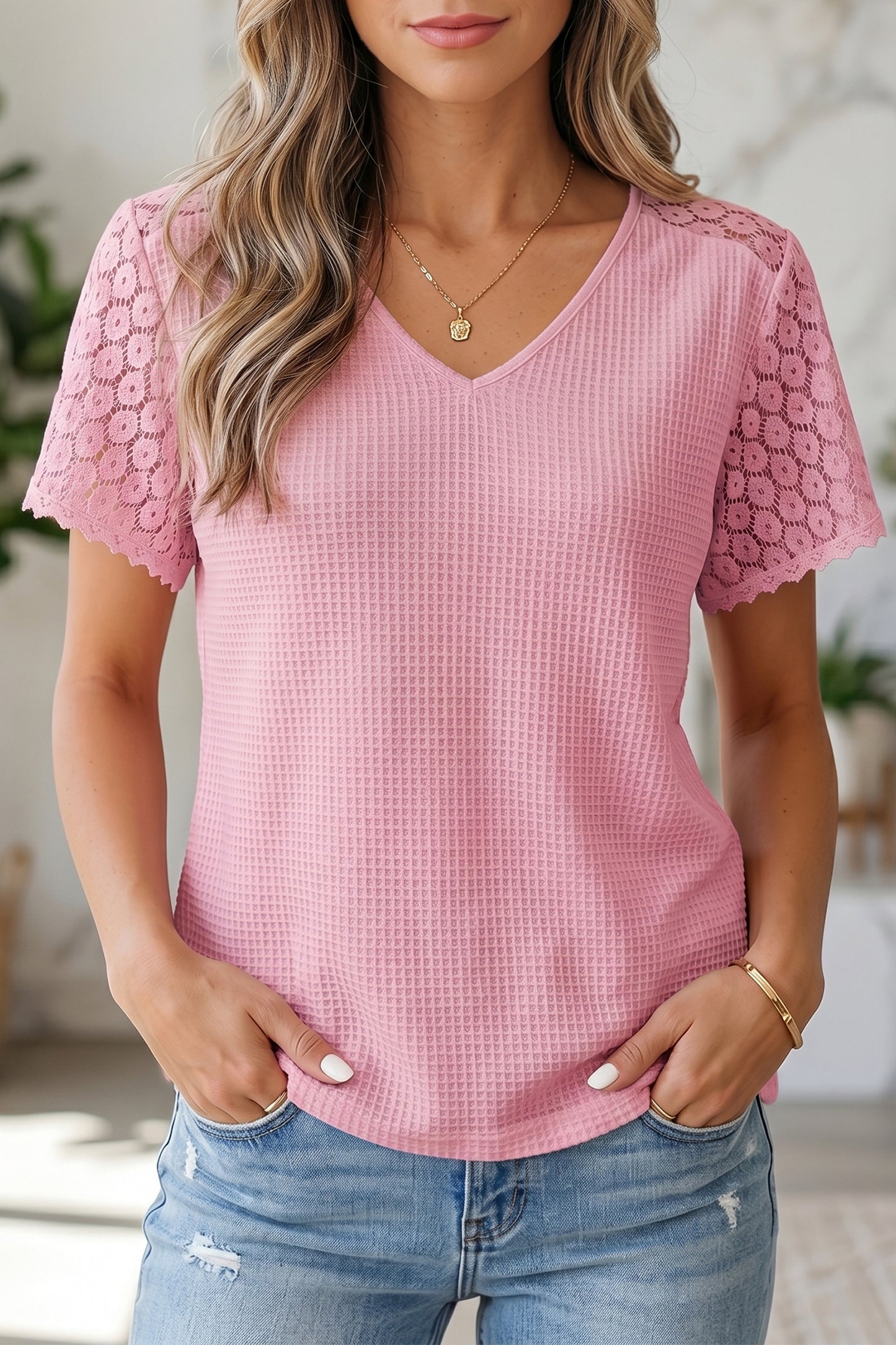 Patchwork Lace Viscose Blend Blouse Casual V-Neck Shift Top