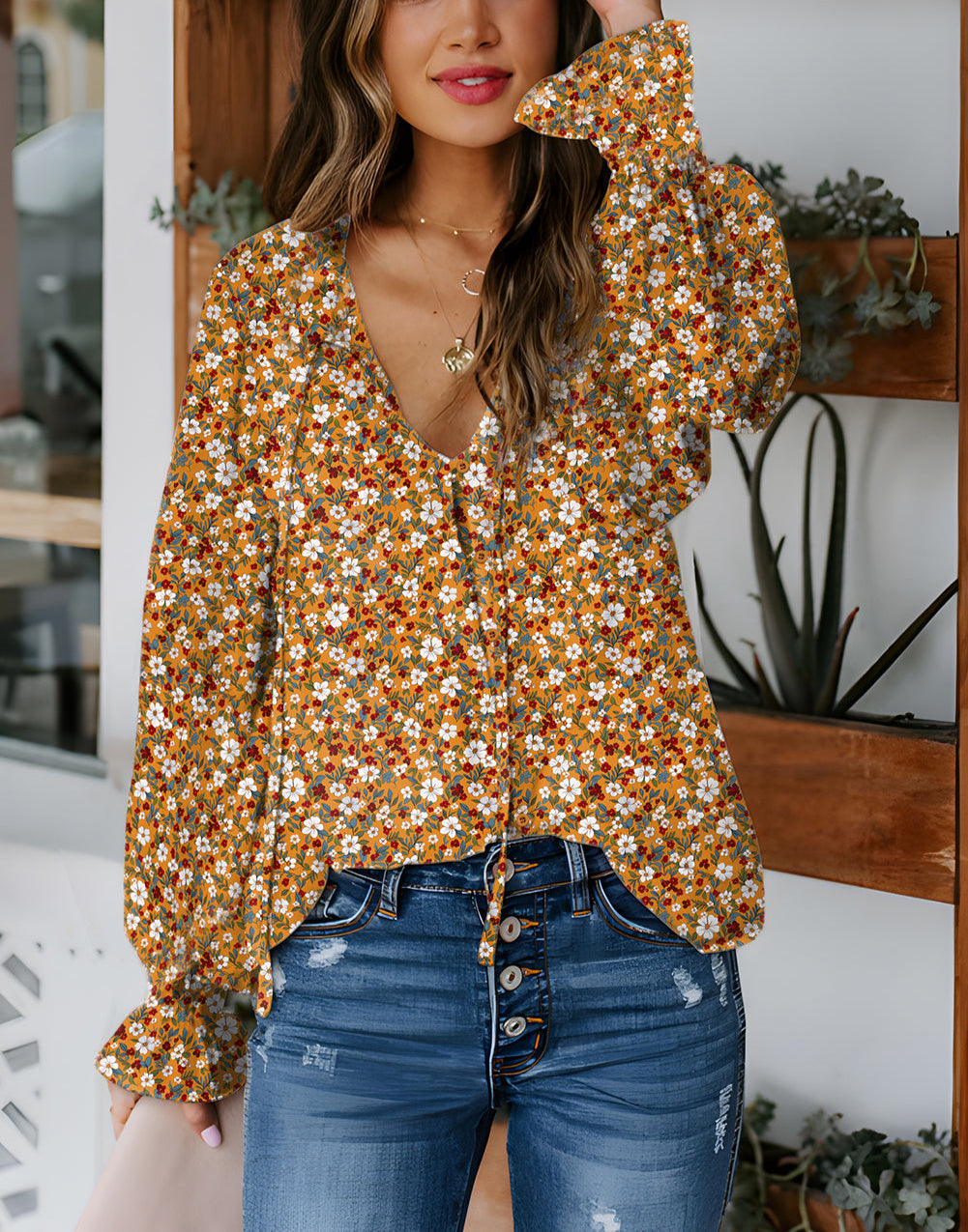 Orange Boho Floral Ruffled Bubble Sleeve V Neck Fall Blouse