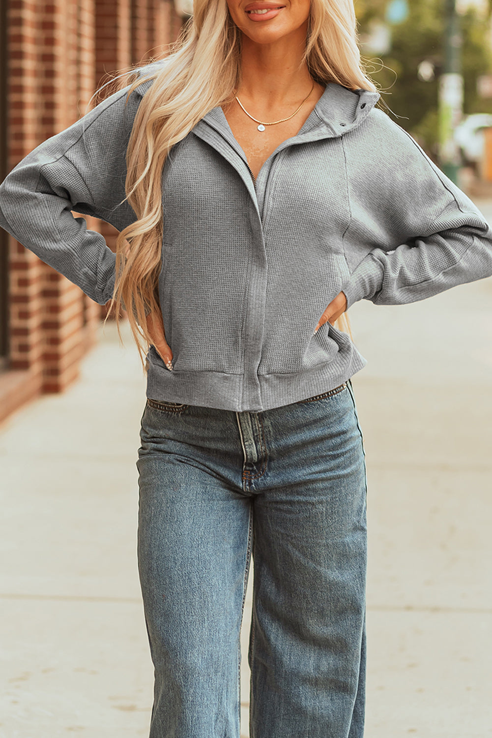 Gray Waffle Splicing Zip Up Front Button Hooded Jacket