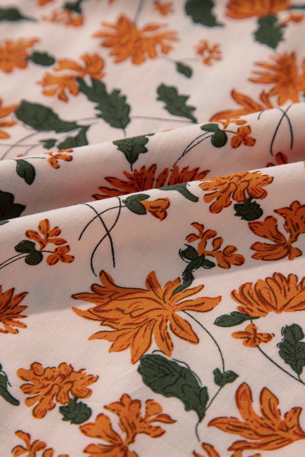 Beige Floral Deep V Neck Smocked Bust Bubble Sleeve Babydoll Dress