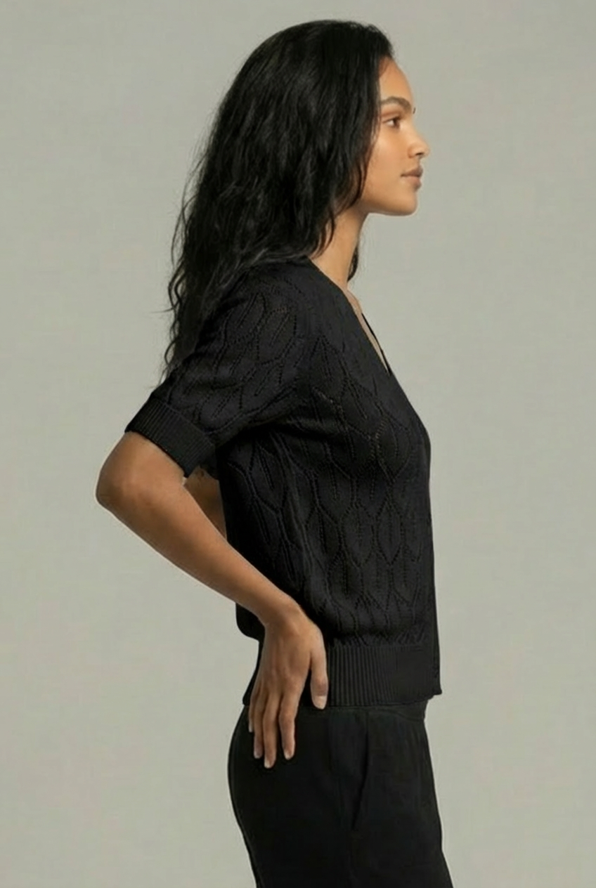 V Neck Knit Cardigan Button Front Short Sleeve Top