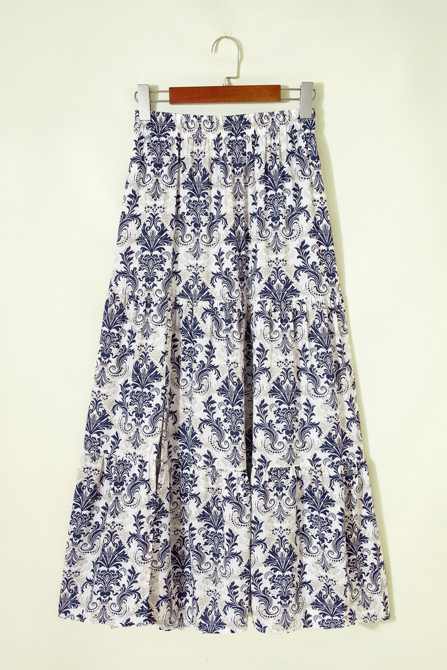 Blue Bohemian Floral Print Tiered Maxi Skirt with Split