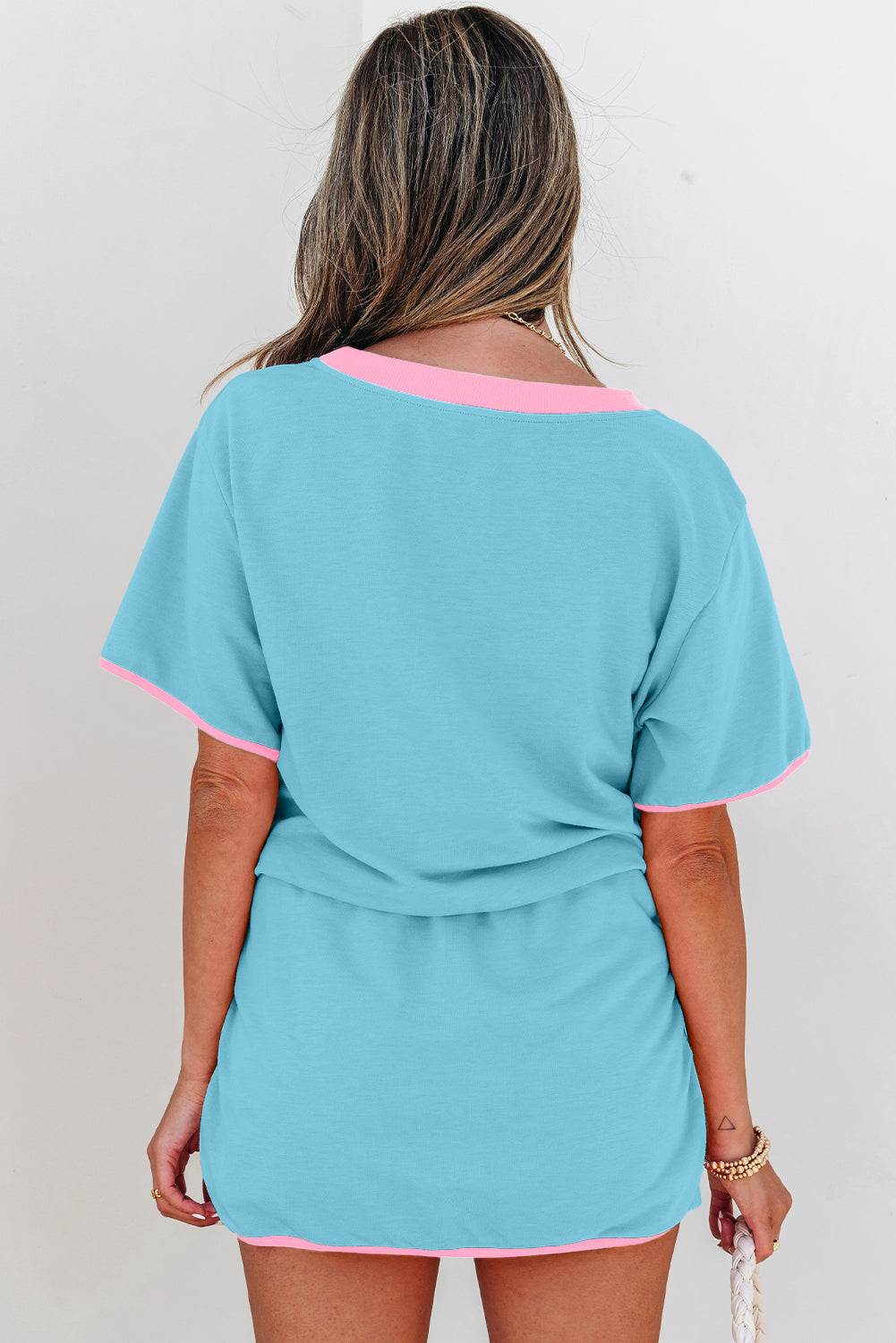 Bonbon Colorblock Edge Drop Shoulder T Shirt and Skort 2Pcs Set