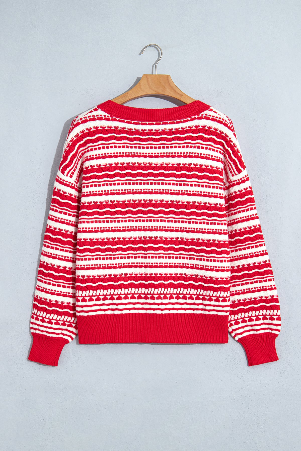 Red Geometric Striped Pattern V Neck Button Front Casual Knit Cardigan