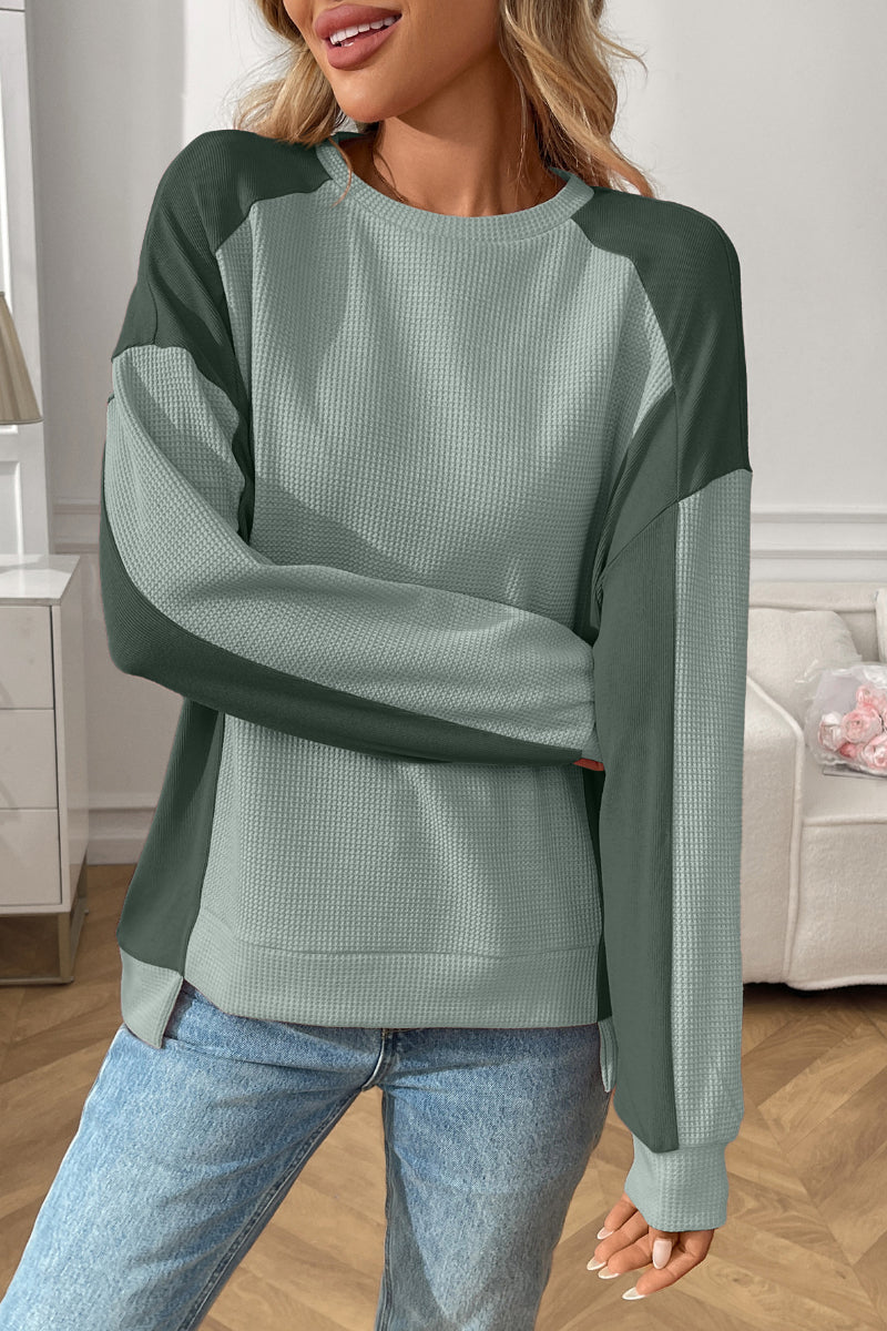 Colorblock Waffle Knit Crewneck Long Sleeve Top Women