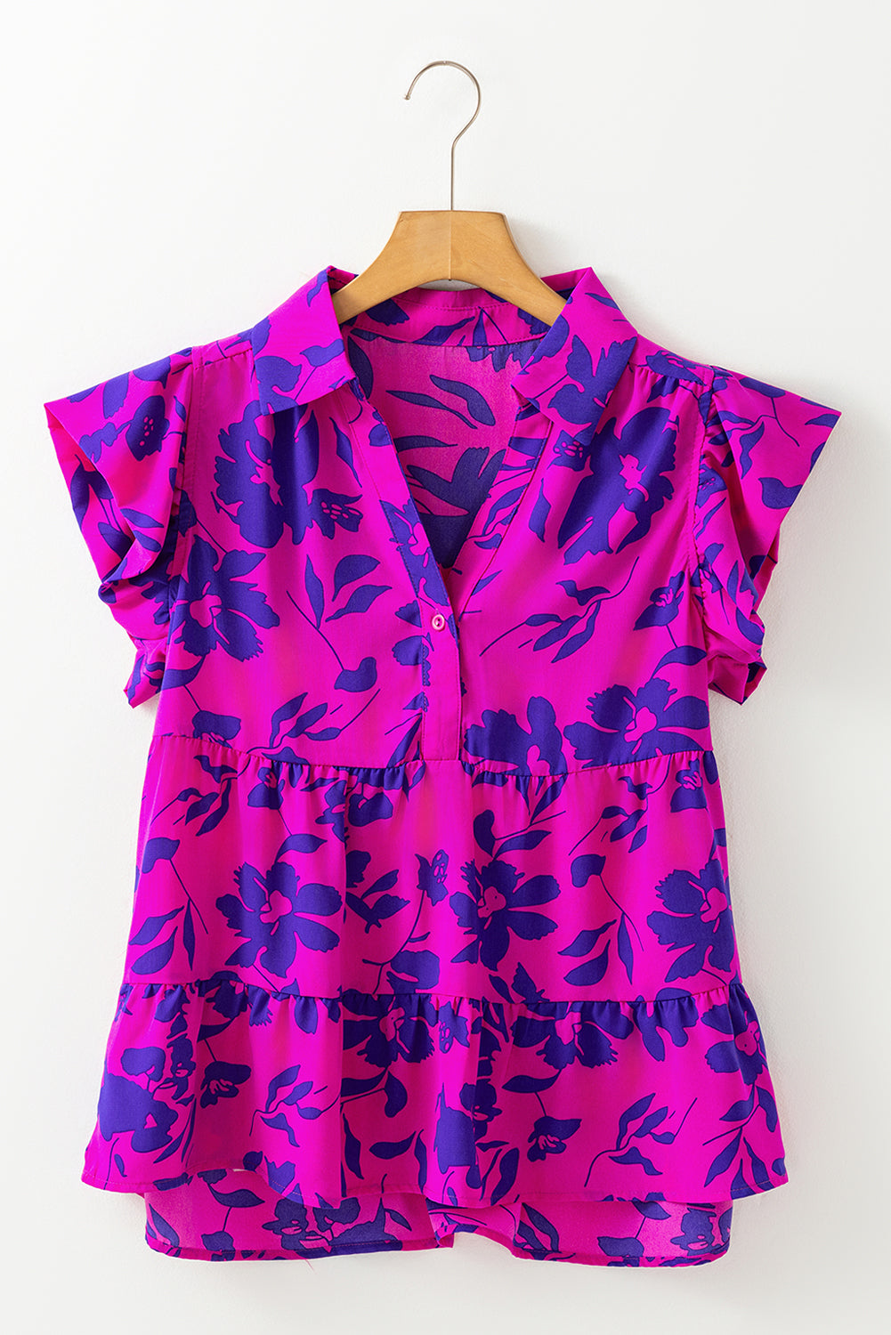 Orange Floral Print Collared Button Neckline Flutter Sleeve Blouse