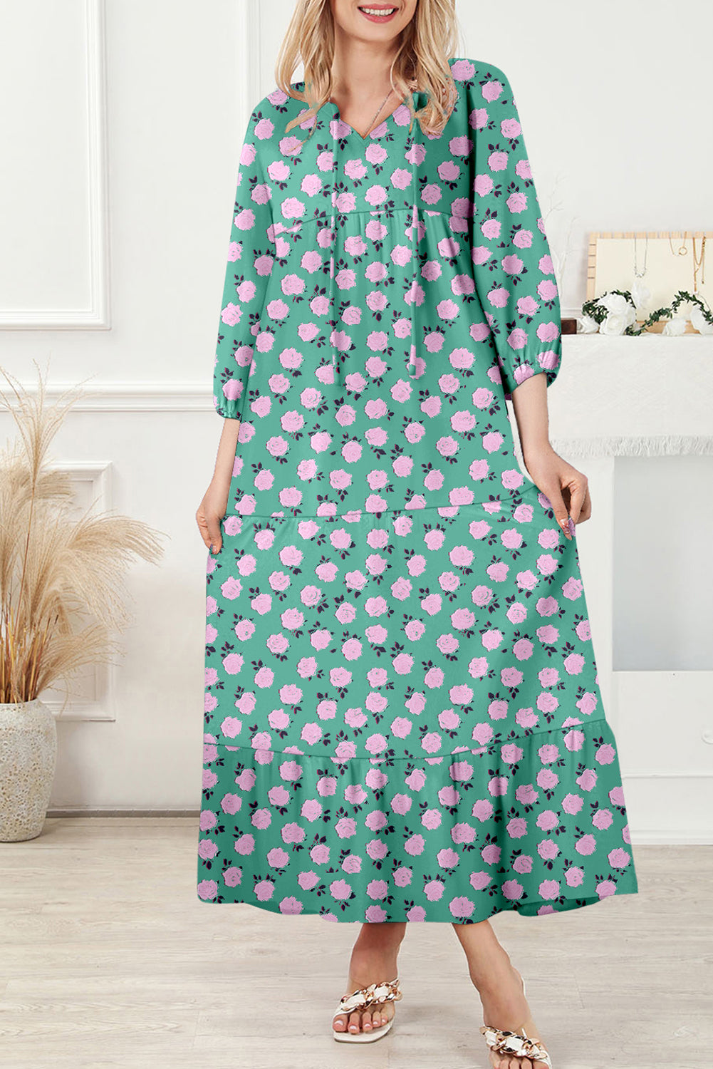 Green Boho Printed Half Sleeve Maxi Dress