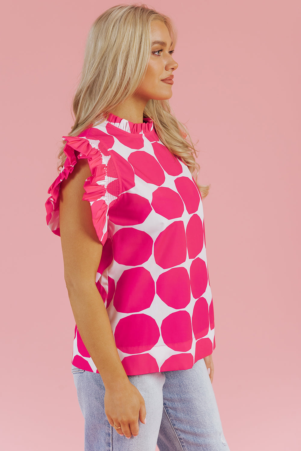 Rose Bubblegum Pattern Frilled Collar Flutter Sleeve Top