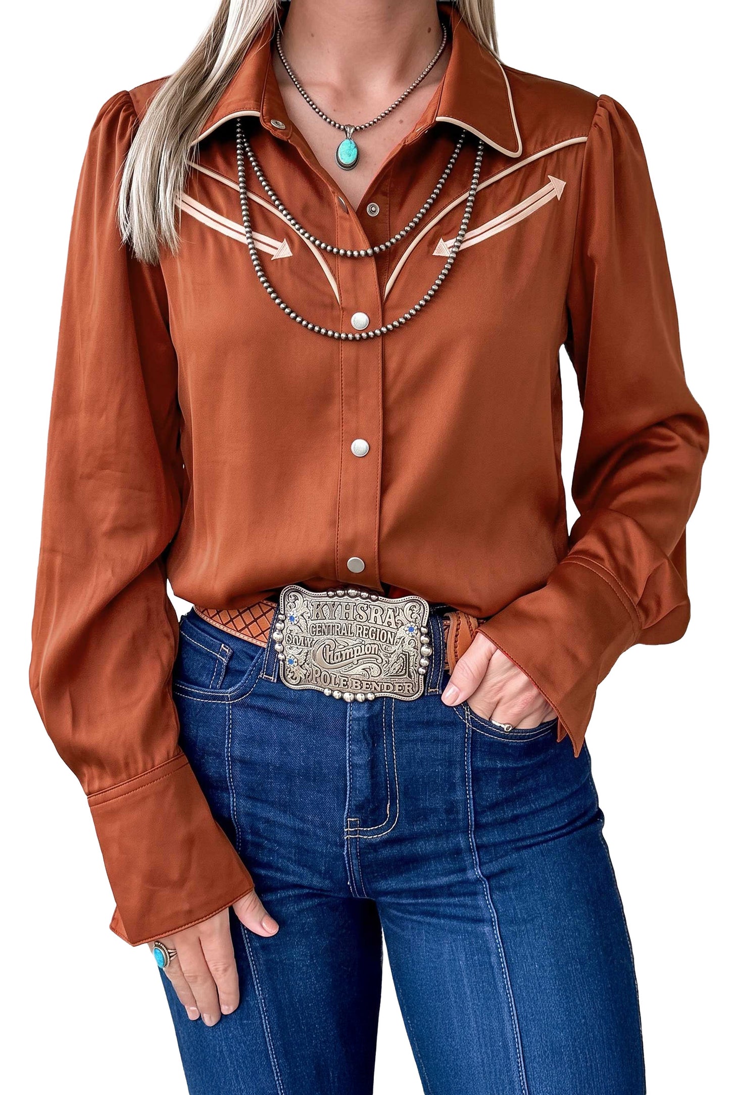 Cinnamon Silky Long Sleeve Button Front Western Fashion Shirt