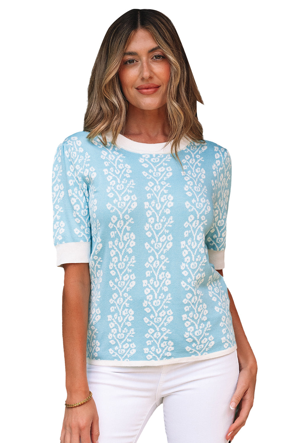 Sky Blue Contrast Floral Crewneck Short Sleeve Sweater