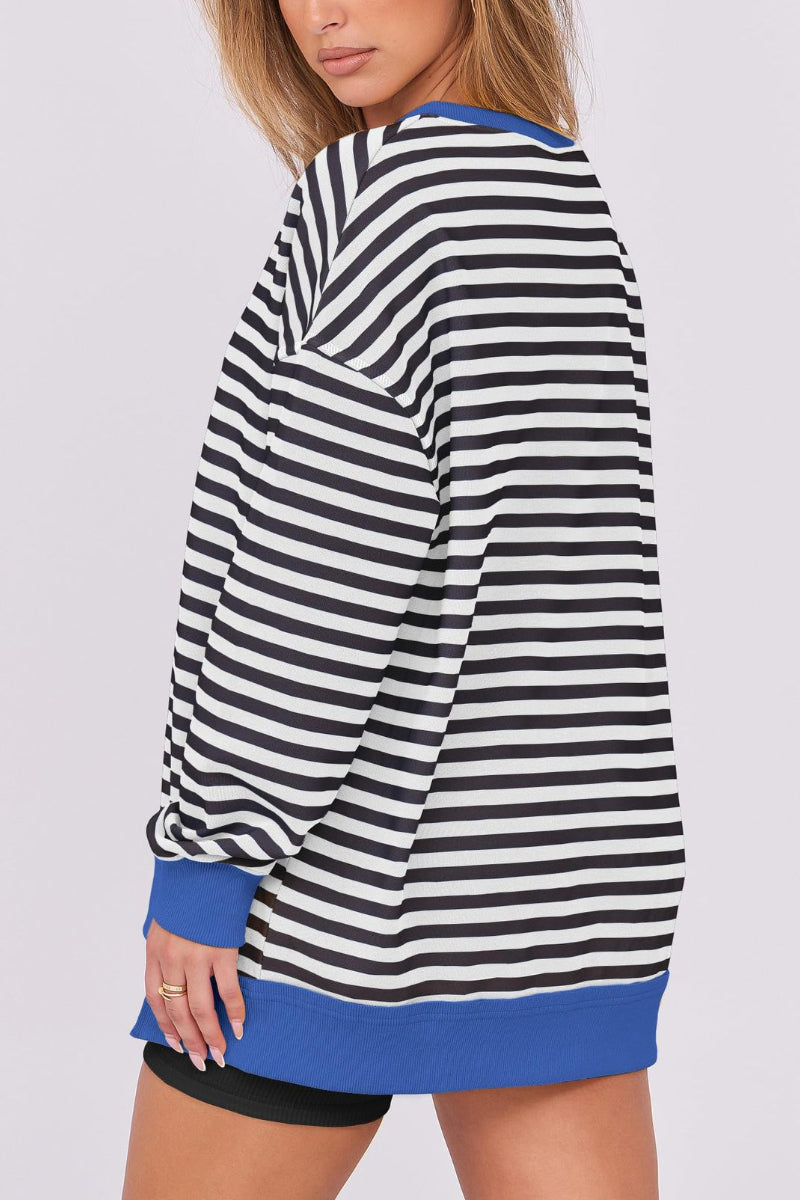 Striped V-Neck Pullover Sweatshirt with Contrast Trim