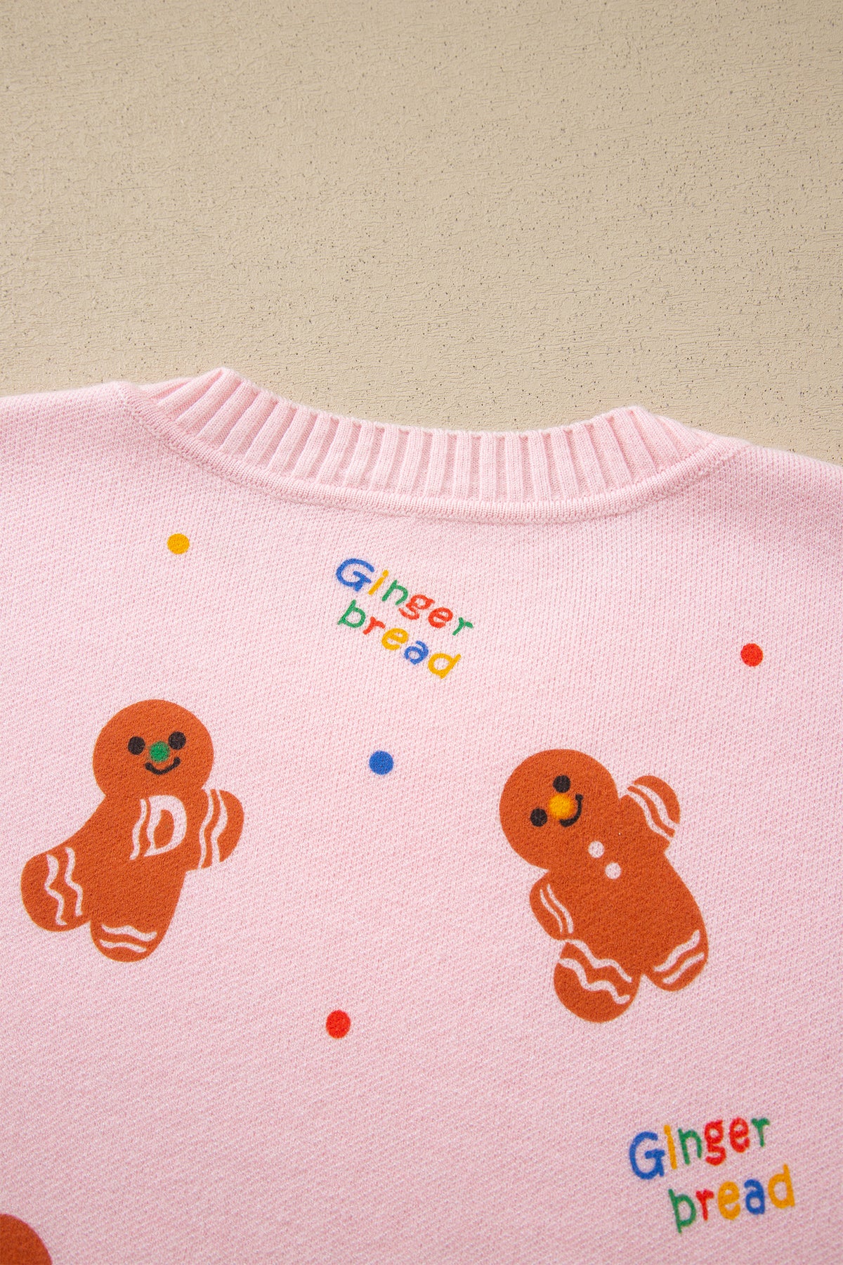 Pink Festive Gingerbread Pattern Long Sleeve Round Neck Sweater