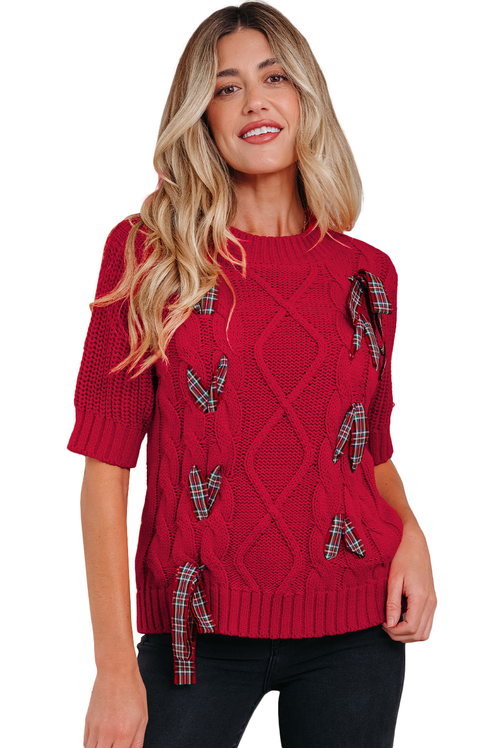 Plaid Lace up Detail Christmas Holiday Puff Short Sleeve Sweater