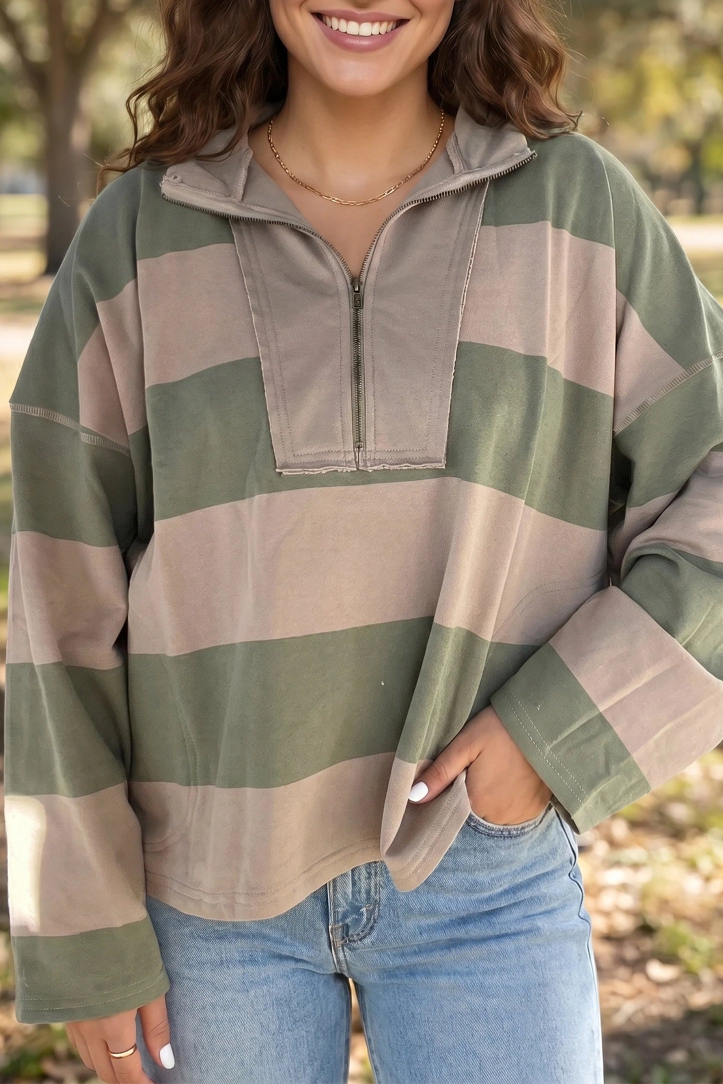 Striped Colorblock Zipper Pullover Long Sleeve Loose Top