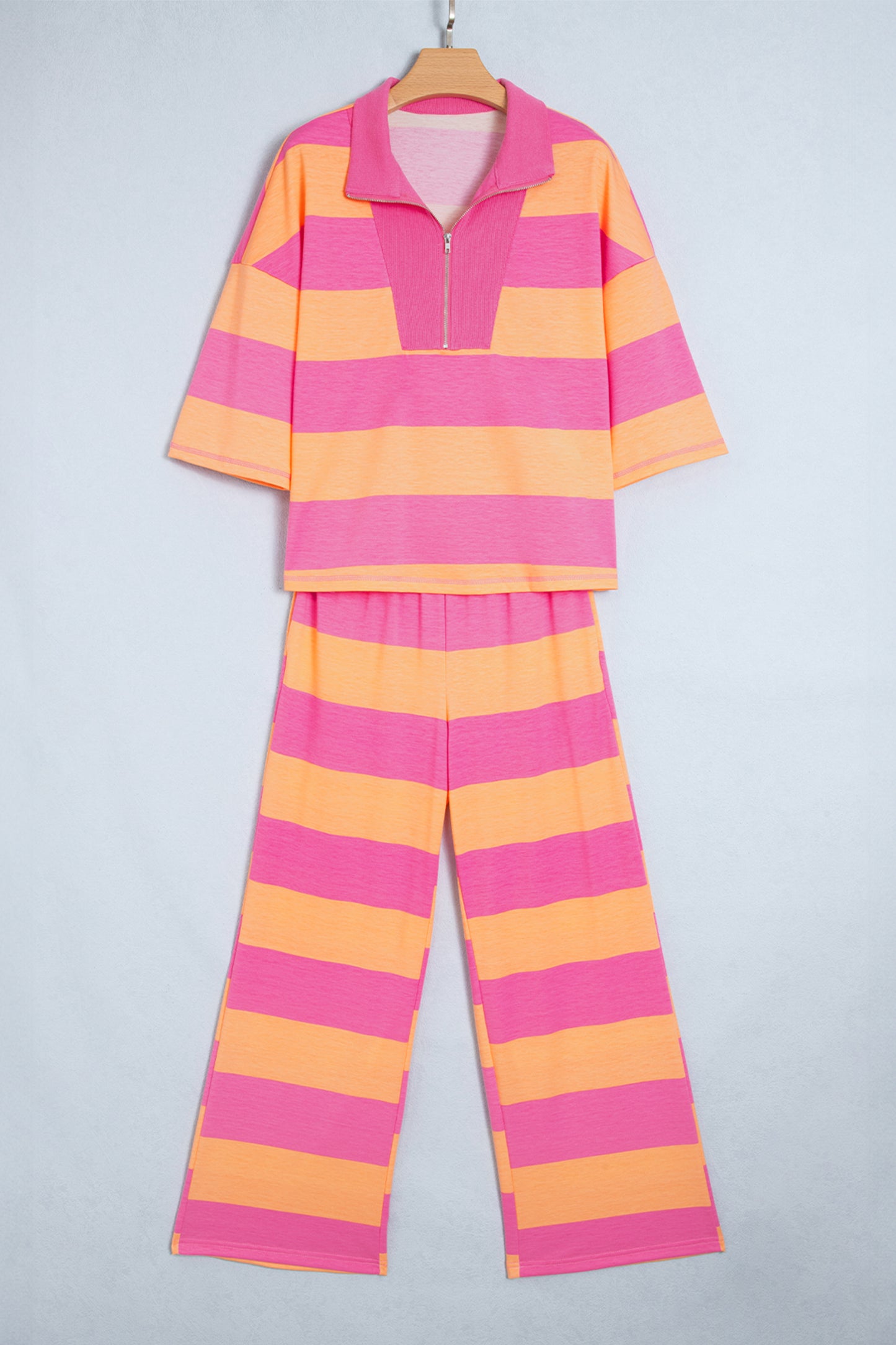 Orange Stripe Colorblock Half Sleeve Top Casual Loose Pants 2pcs Set