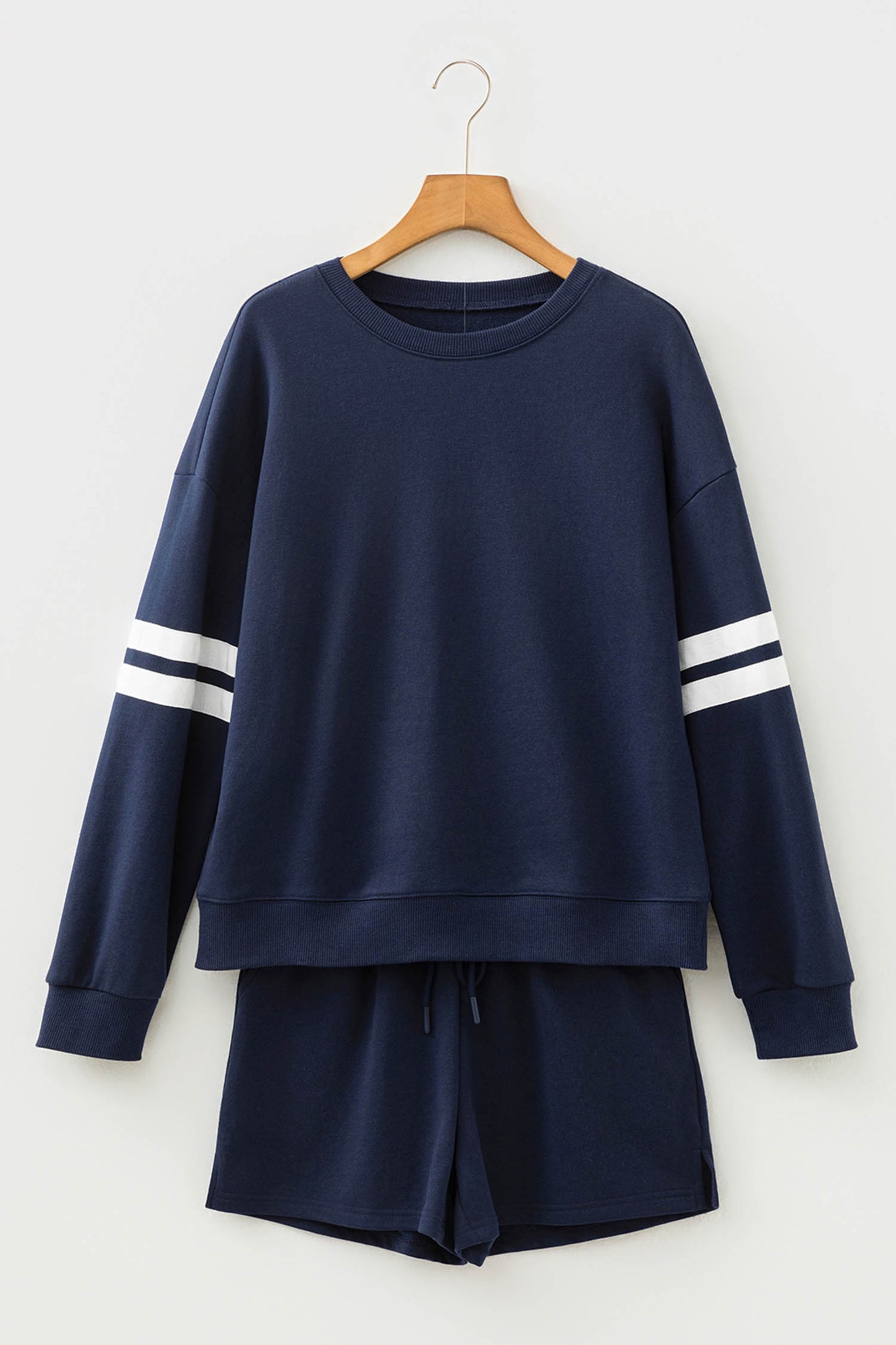 Black Varsity Striped Sleeve Drop Shoulder Sweatshirt and Short Set