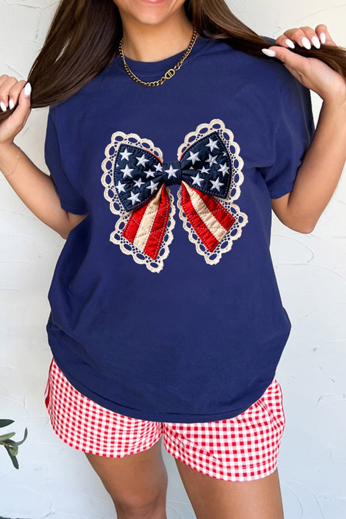 Blue Faux Patchwork Patriotic Bow Graphic Tee