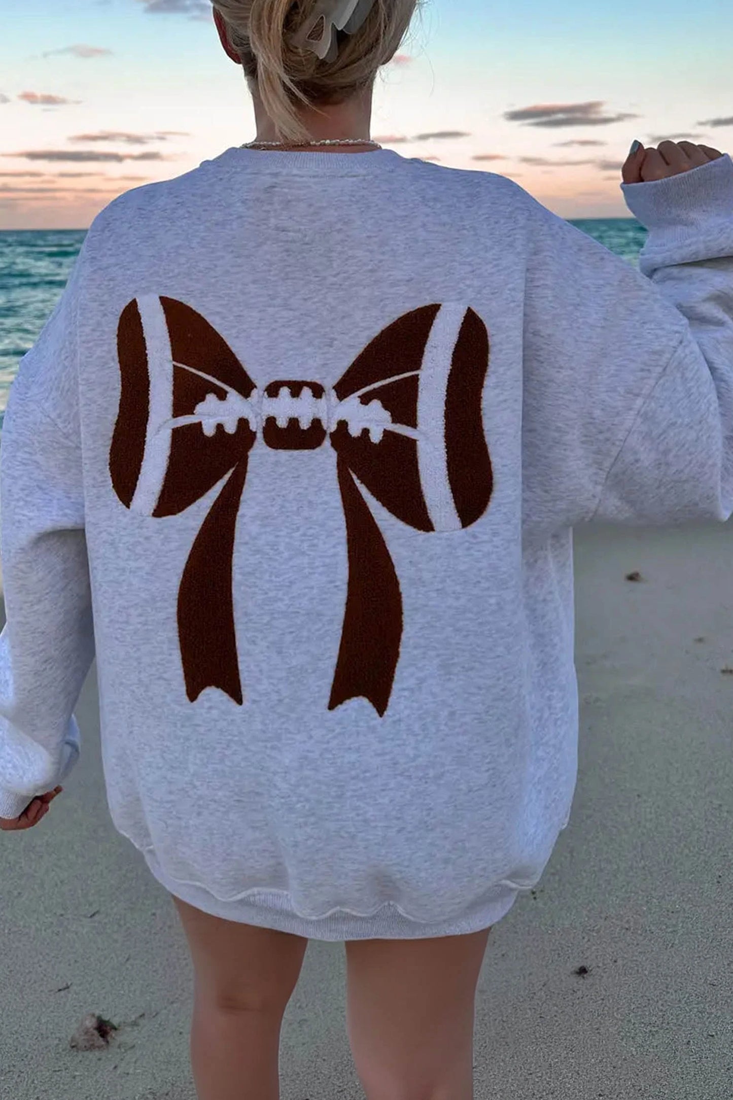 Chenille Embroidered Rugby Bow Game Day Oversized Sweatshirt