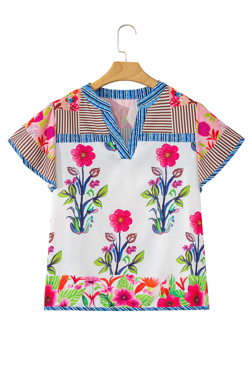 Pink Floral Striped Patchwork Short Sleeve Split Neck Blouse