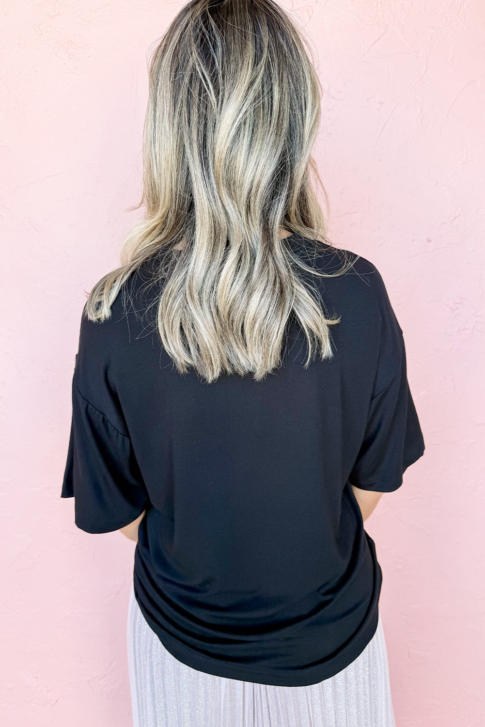 Black Cheerful Sequin Bow Patched Game Day T Shirt