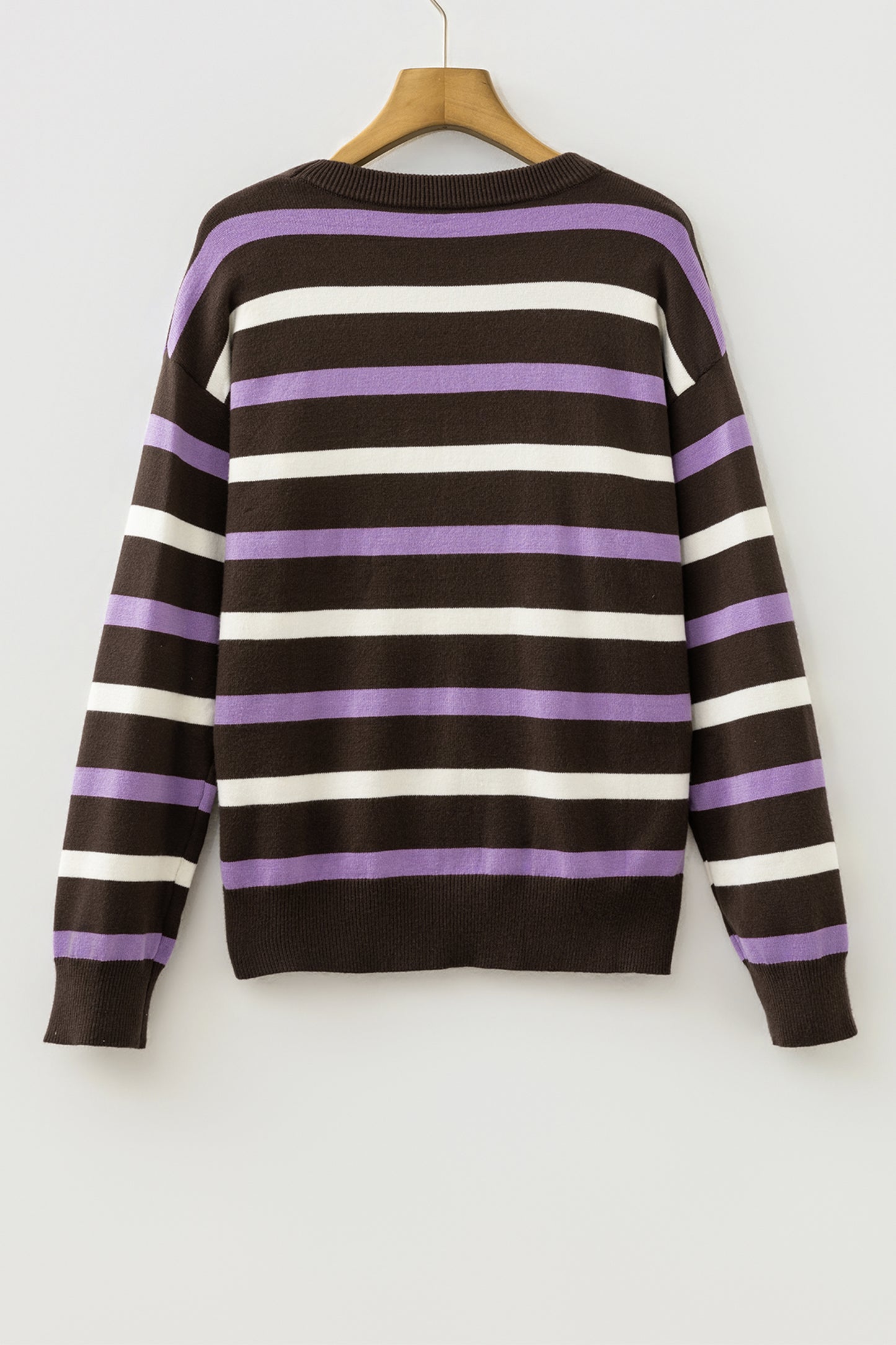 Brown Stripe Embroidered Detail Drop Shoulder Pullover Sweater